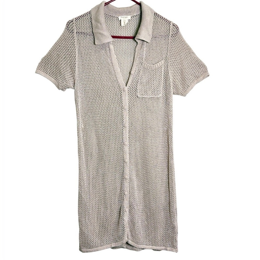 Haute Hippie Mesh Cardigan Dress Womens Large Beige Metallic Knit Polo Coverup